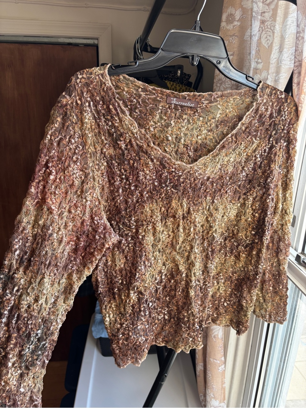 EUC Vintage Y2K Surrealist V-Neck Sheer Mesh Lace Textured Top | Women’s XL-XXL